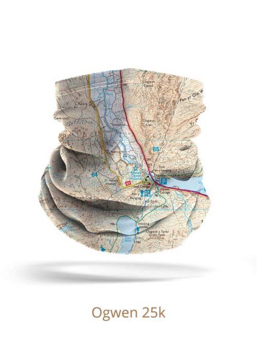 Ogwen Valley, Snowdonia 1:25,000 OS map, folded snood, buff, neck tube, neck gaiter, scarf